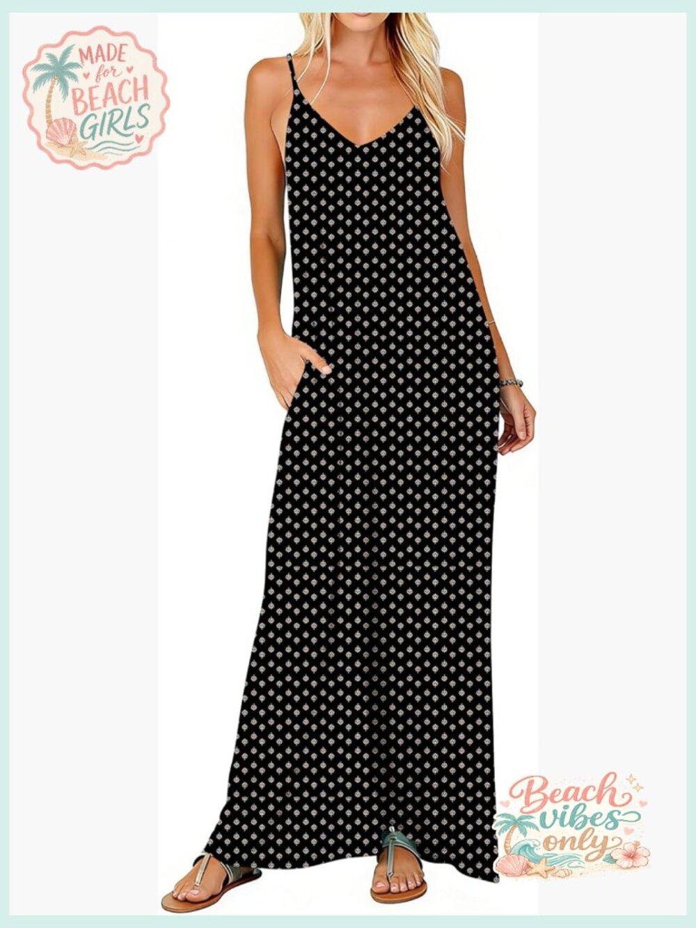 Strappy V Neck Sleeveless Flowy Long Maxi Dress with Pockets